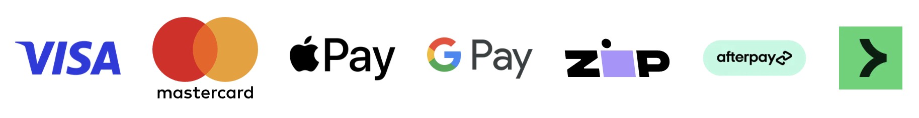 Accepted payment methods: Visa, Mastercard, Apple Pay, Google Pay, Zip, Afterpay